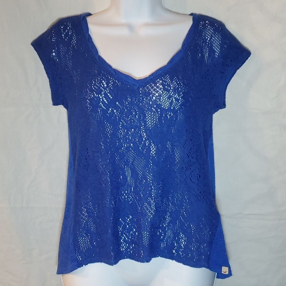 Hollister Royal Blue Floral Lace Knit Top S Cap Sleeve Sheer V-Neck Boho